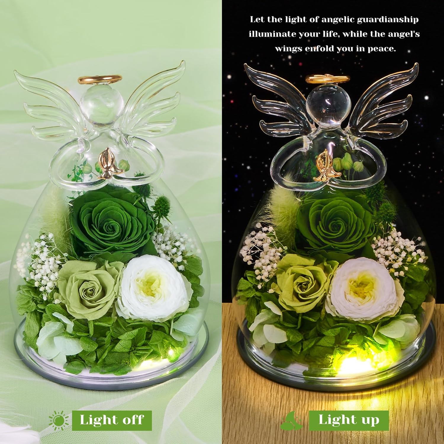 FIACO Gifts for Women Birthday Preserved Rose Forever Flower in Glass Angel Figurines Fresh Flowers for Delivery Prime for Mom Real Green Roses for Grandma Sister Wife Her from Daughter