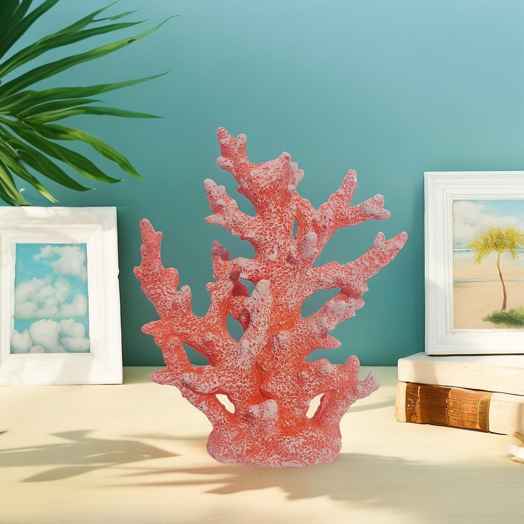 Beach Coastal Decor Coral Reef Home Decor Statue Sculpture Home,Desk,Bathroom,Desktop Shelf Statue,Marine Themed Gifts (Red Orange Coral)