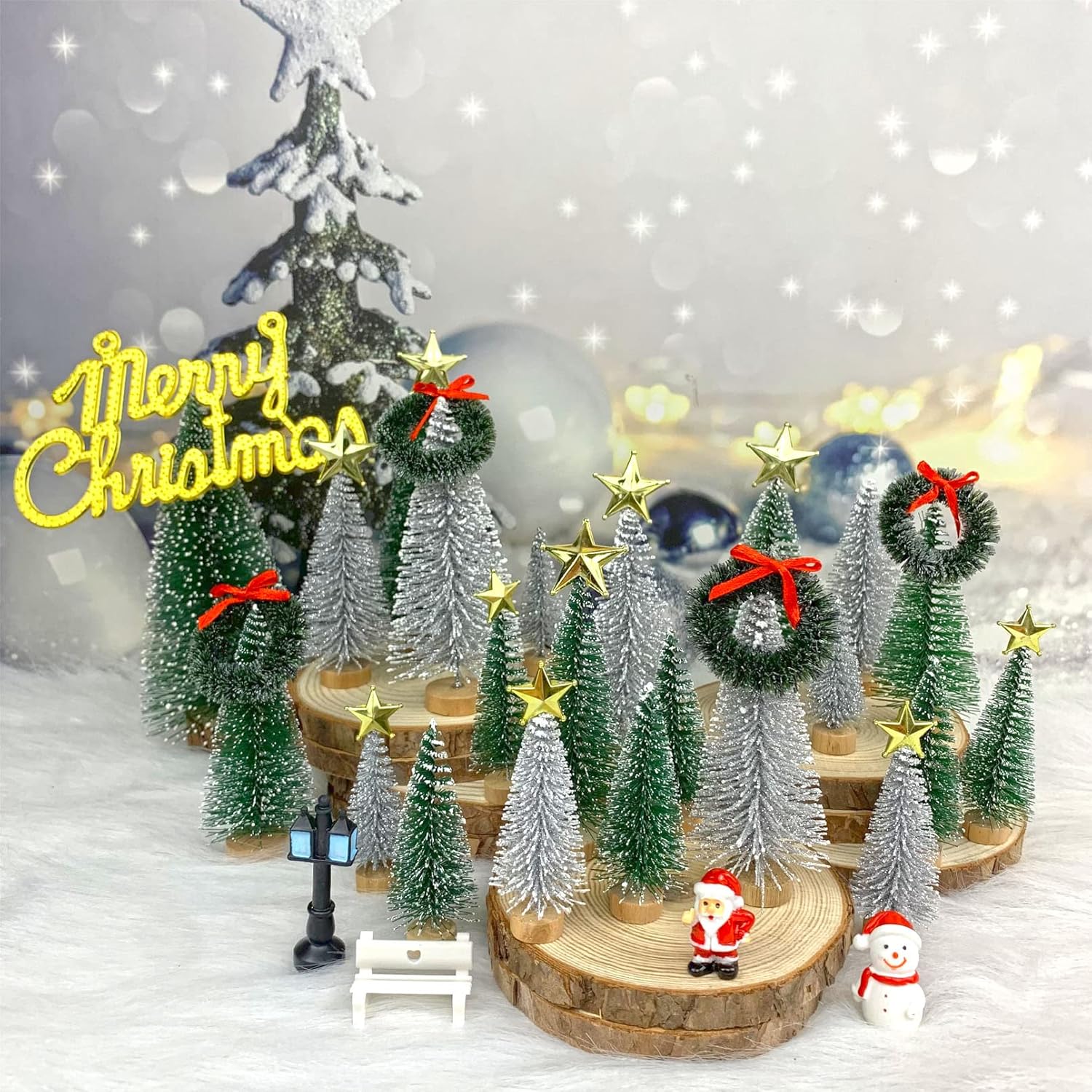 Mini Christmas Trees, Artificial Bottle Brush Trees Sisal Snow Trees with Wooden Base for Christmas Decor Christmas Party Home Table Village Craft Decorations (42 pcs kit)