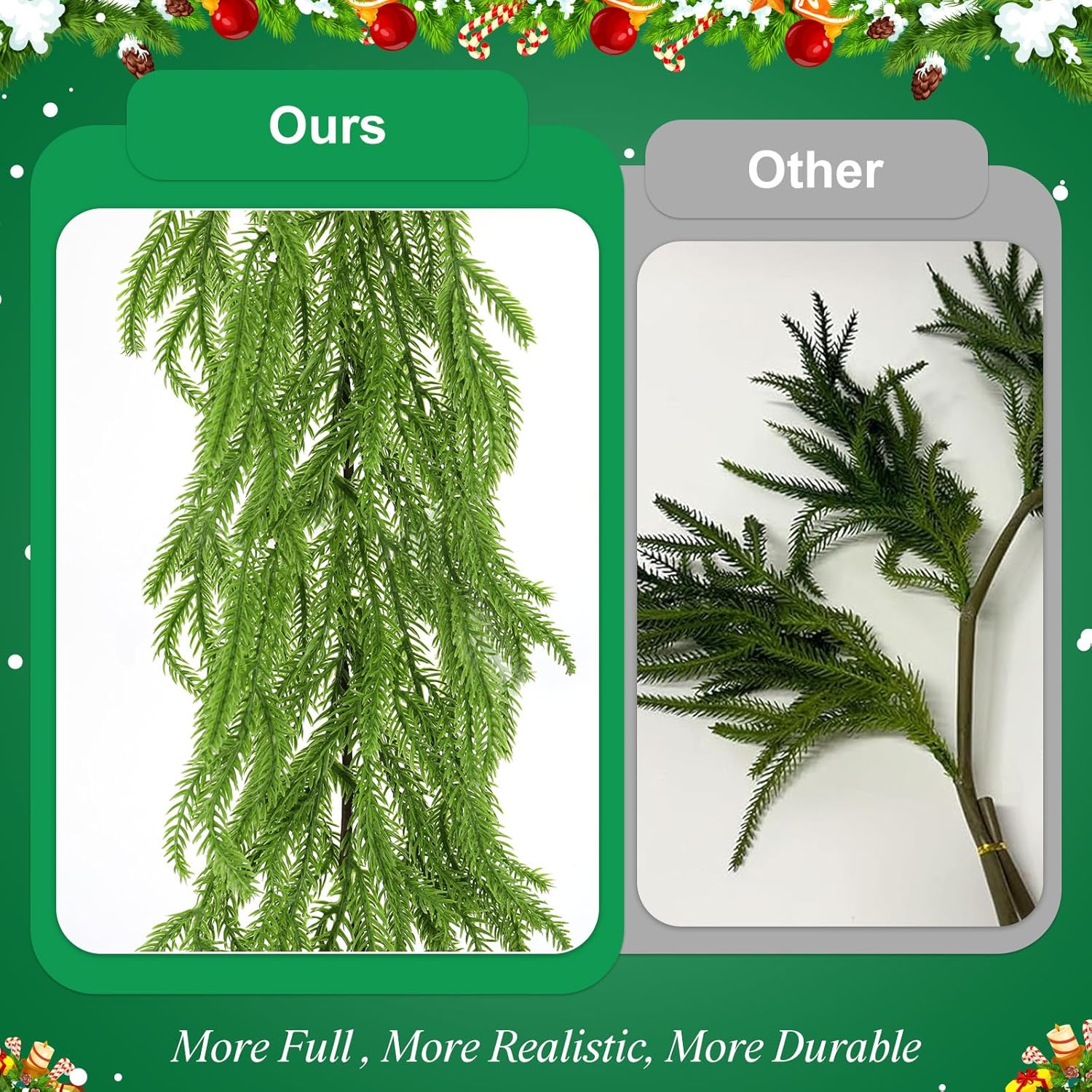 2 Pack 9 Ft Artificial Norfolk Pine Garlands - Christmas Decor Realistic Pine Garland, Green Faux Greenery Garland for Table, Mantle, Fireplace, Wall, Indoor Outdoor Winter Christmas Decorations