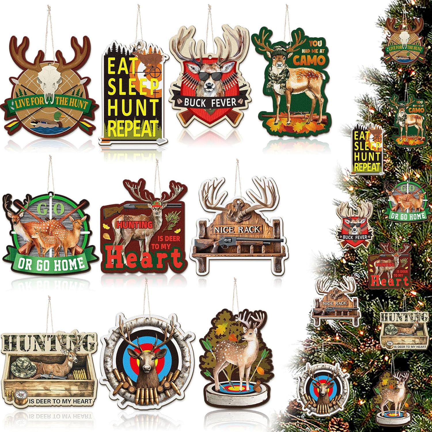 Amyhill 30 Pieces Christmas Deer Tree Ornaments Wooden Buck Hunting Ornament Deer Hunting Decorative Hanging Ornaments with Gun Christmas Ornament Woodland Wild Life Decorations for Xmas(Classics)