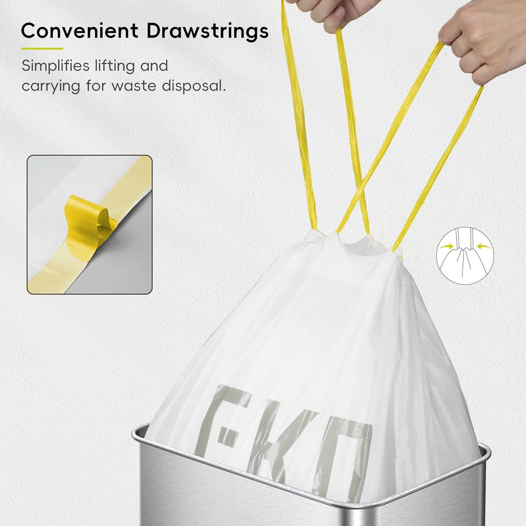 EKO 12.9 Gallon / 45-49 Liter, 60 Count Drawstring Trash Bags, Extra-Strong Unscented Garbage Bags, Easy-Dispense Roll for Kitchen & Household Use, Resists Tears, Leaks and Punctures, Code J, White