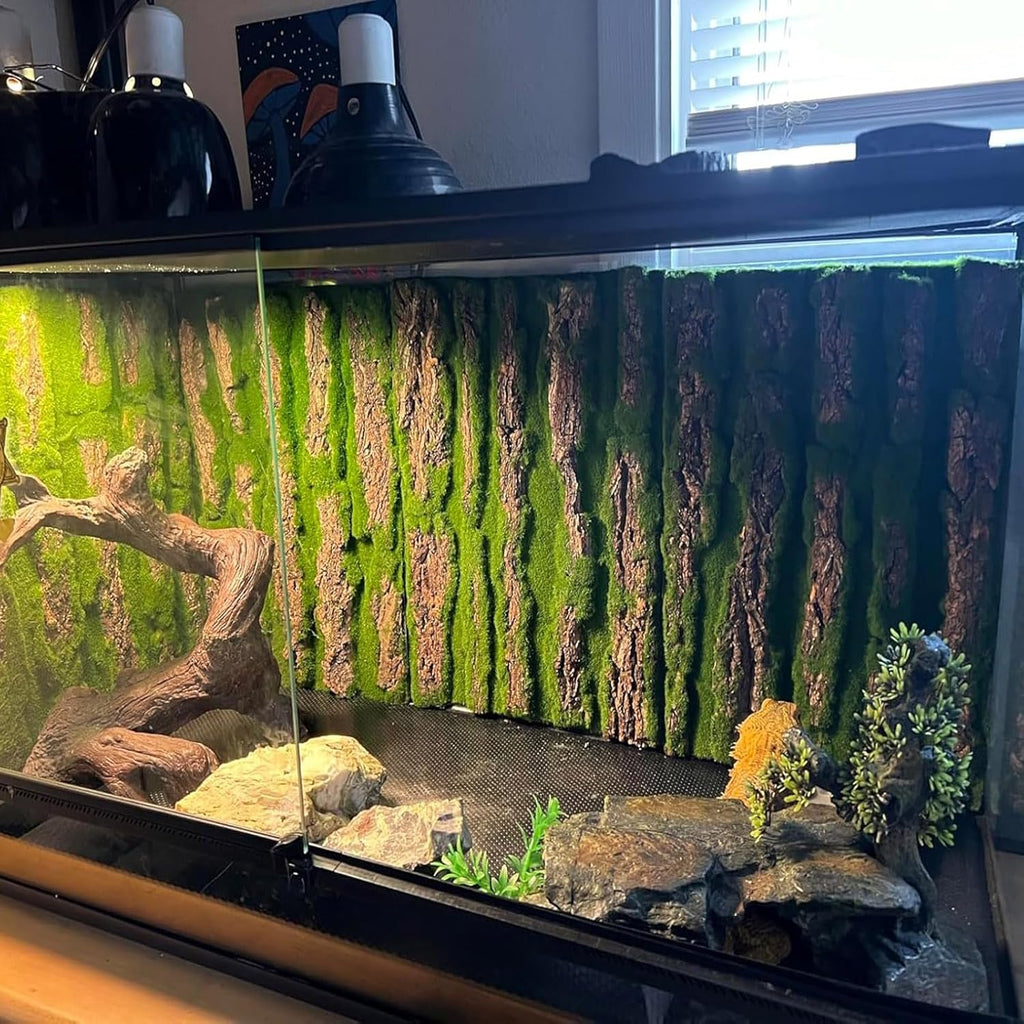 PINVNBY Reptile Cork Terrarium Background,Bearded Dragon Tank Natural Bark Backdrop Wall Habitat Decor with Artificial Moss,15.75"×11.8" Reptile Carpet for Gecko Lizard Tortoise Frog Chameleon(1 Pack)