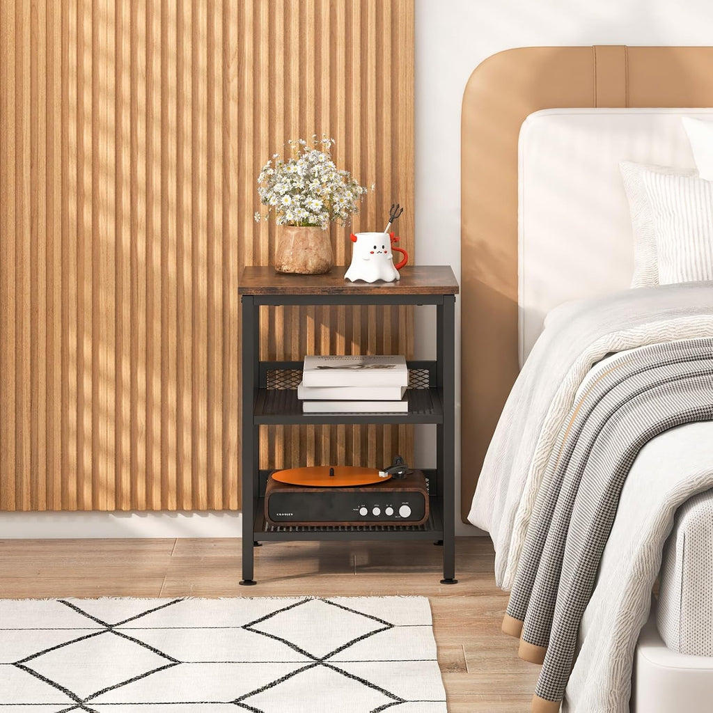 Tangkula Square Side Table, 3-Tier Nightstand with Dual Mesh Shelves, Industrial End Table for Living Room, Bedroom & Kitchen, Sofa Side Table, 16 x 16 x 21.5 Inch (Rustic Brown, 2 Pack)