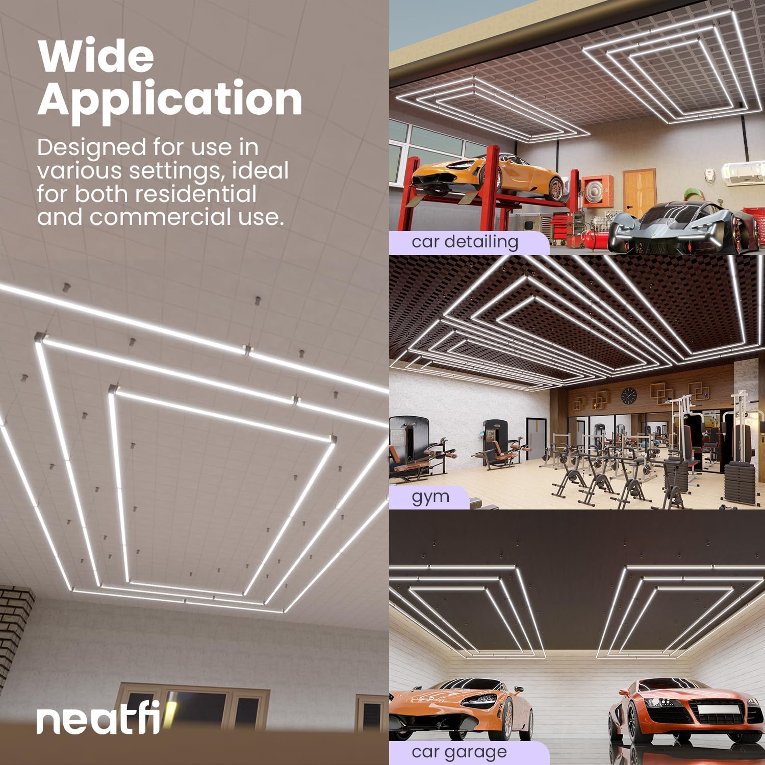 Neatfi LED Bright Garage Light, 52,800 Lumens, Ceiling Lighting for Auto Shops, Car Detailing, Gym, Basement, Warehouse, Barber and Beauty Salons (Cool White, 3 Rectangles with Hanging Kit)