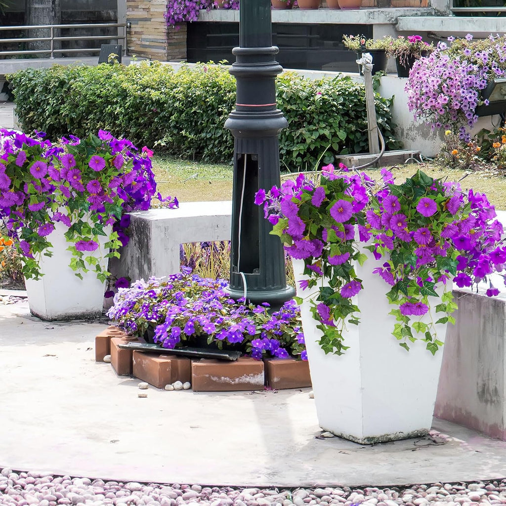 RECUTMS Artificial Fake Hanging Flowers Plants for Outdoor Decoration, 2 Pcs UV Resistant Faux Petunias Trailing Plants Realistic Flower Look Real for Door Wall Yard Porch Garden Planter (Fuchsia)