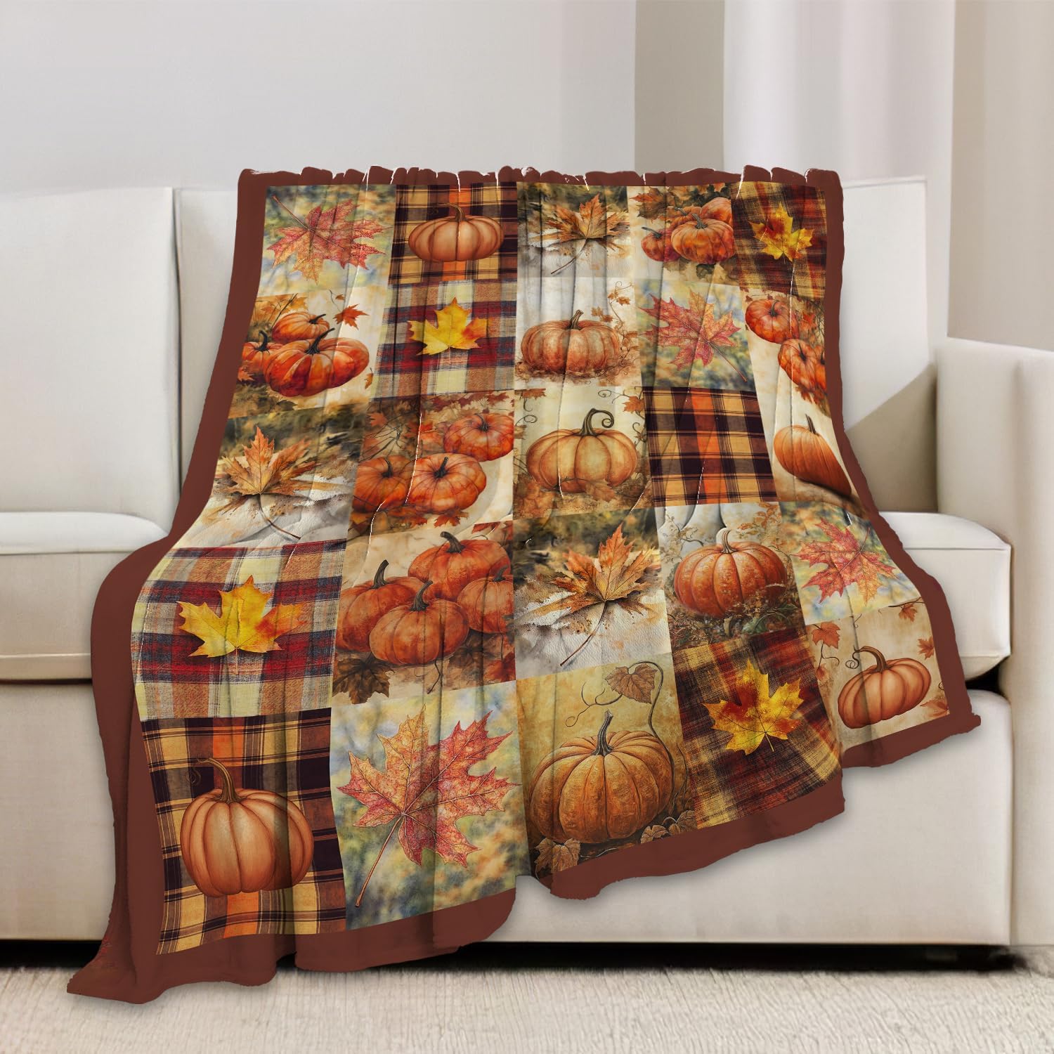 Fall Pumpkin Blanket Autumn Maple Leaf Throw Blanket Plaid Thanksgiving Orange Flannel Stuff Merch Cozy Decor Fleece Soft Plush Fuzzy Warm Lightweight Bedding Gifts for Women Girls Couch 60"X50"