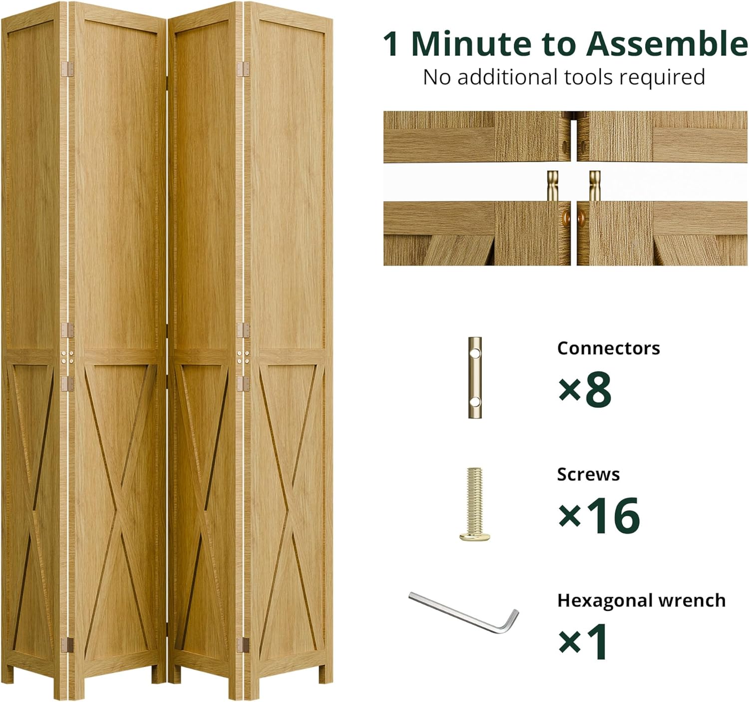 Cozy Castle Wood Room Divider, 4 Panels Folding Privacy Screen, 66.9'' Wall Divider, Barnwood Room Separator, Freestanding Partition, Temporary Wall for for Home Office Restaurant Decorative, Natural