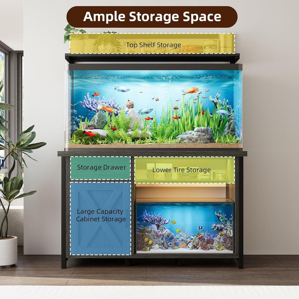 4ever2buy 55-75 Gallon Fish Tank Stand with Power Outlet, Led Light, Heavy Duty Aquarium Stand with Cabinet for Fish Tank Accessories Storage, Shelf, for Turtle Tank, Reptile Terrarium, 1100 LBS, Gray