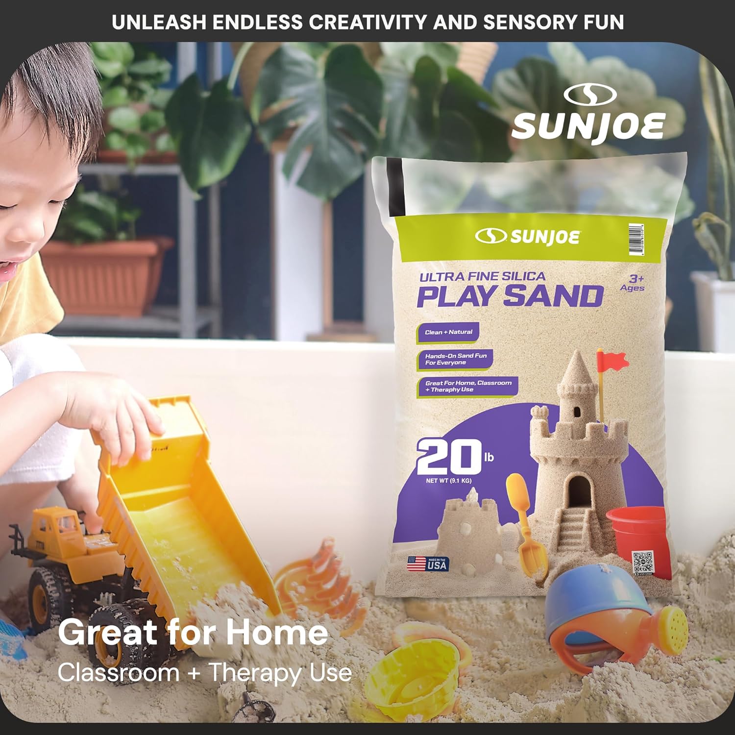 Sun Joe Silica Play Sand for Sandbox, Sensory Table & Garden Spaces, Ultra Fine, 20 Lb Bag - Indoor and Outdoor Natural Craft Accessory for Molding, Digging, Sculpting and Gardening, PLYSAND20