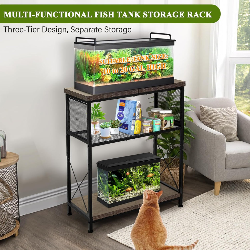 LALA IKAI Fish Tank Stand for 10-20 Gallon Aquariums Heavy Duty Adjustable Height Double Tier Steel Structure Sturdy Design Reptile Cage or Tank Storage Cabinet, Black