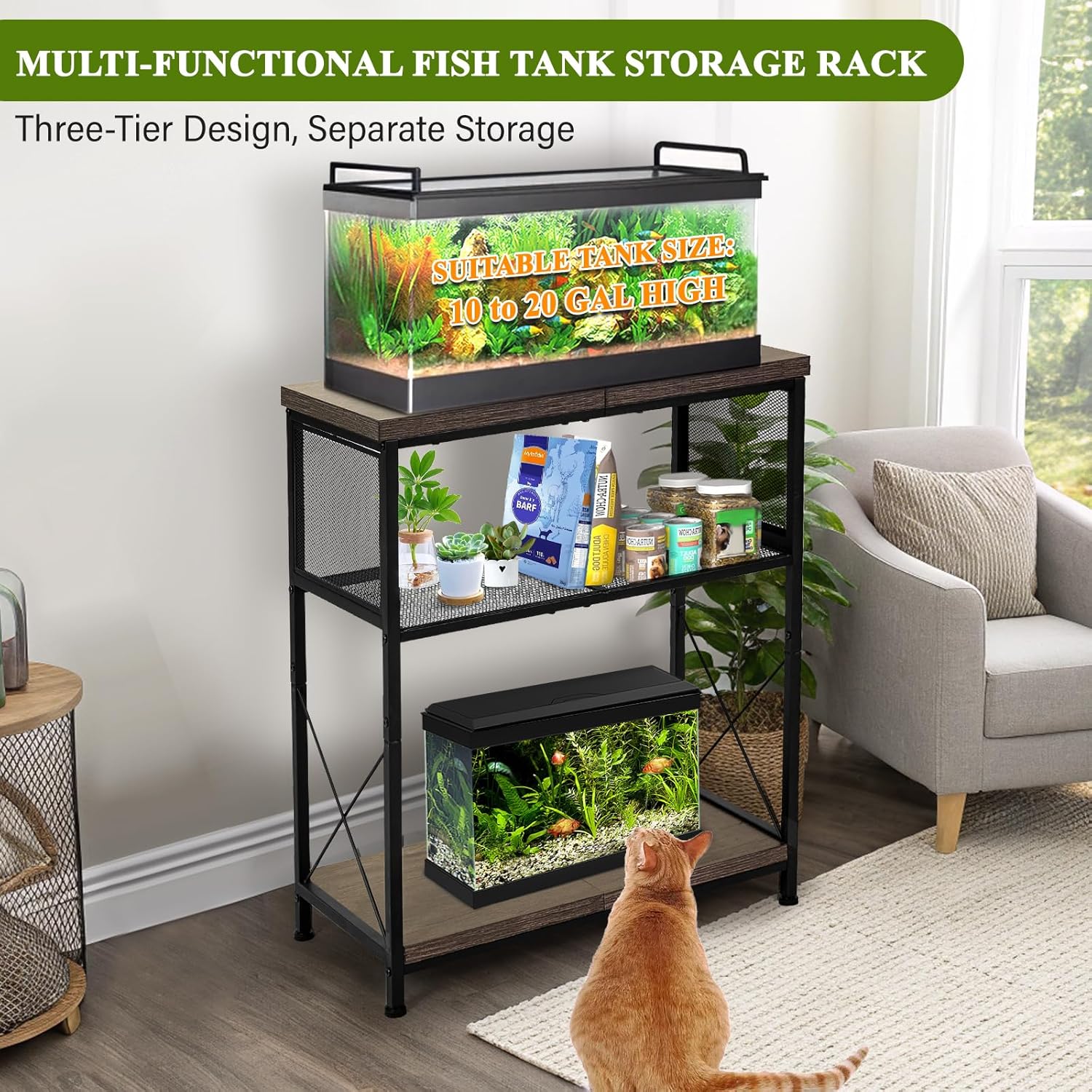 LALA IKAI Fish Tank Stand for 10-20 Gallon Aquariums Heavy Duty Adjustable Height Double Tier Steel Structure Sturdy Design Reptile Cage or Tank Storage Cabinet, Black