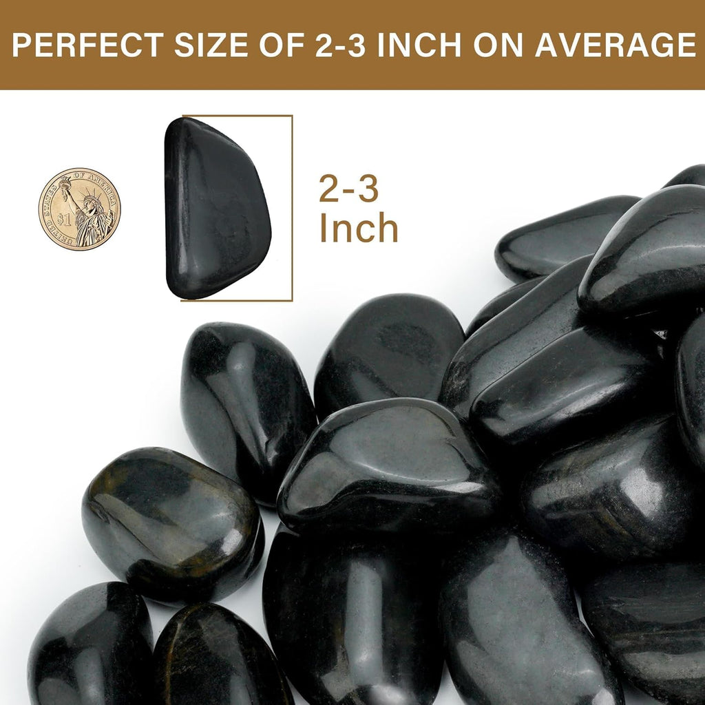 12lb Black River Rocks for Plants Indoor, 2-3Inch Pebbles for Vases Fillers, Decorative Gravel for Fish Tank, Natural Polished Stones for Succulent, Bonsai, Landscaping, Bird Baths