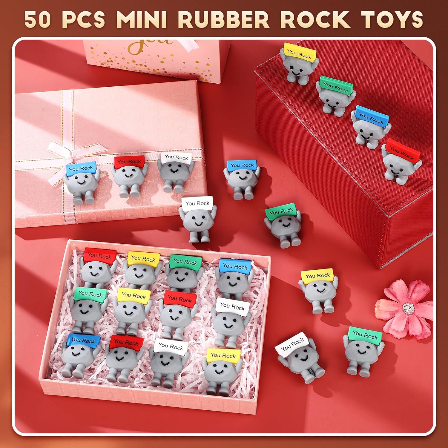 Gejoy 50 Pcs Mini Rubber Stone Toys Positive Gifts You Rock Mini Rubber Figures Decorations and Encouragement Birthday Motivational Gifts for Colleague Staff Teacher