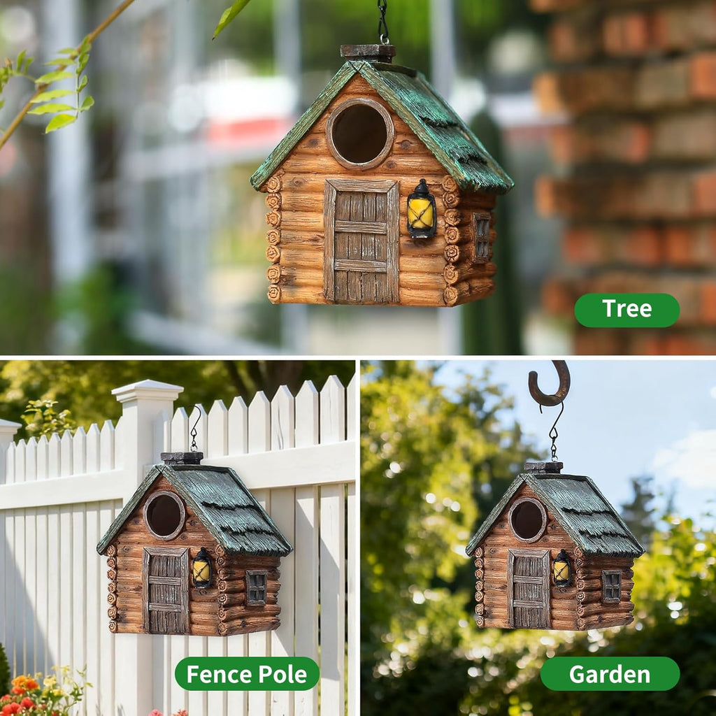 Bird Houses for Outside Real Wood-Look Resin Bird House with Hanging Chain – Waterproof & Durable Forest Bird Houses for Outdoors for Hummingbird Finches Cardinals Bird Nesting Garden, Patio, Yard