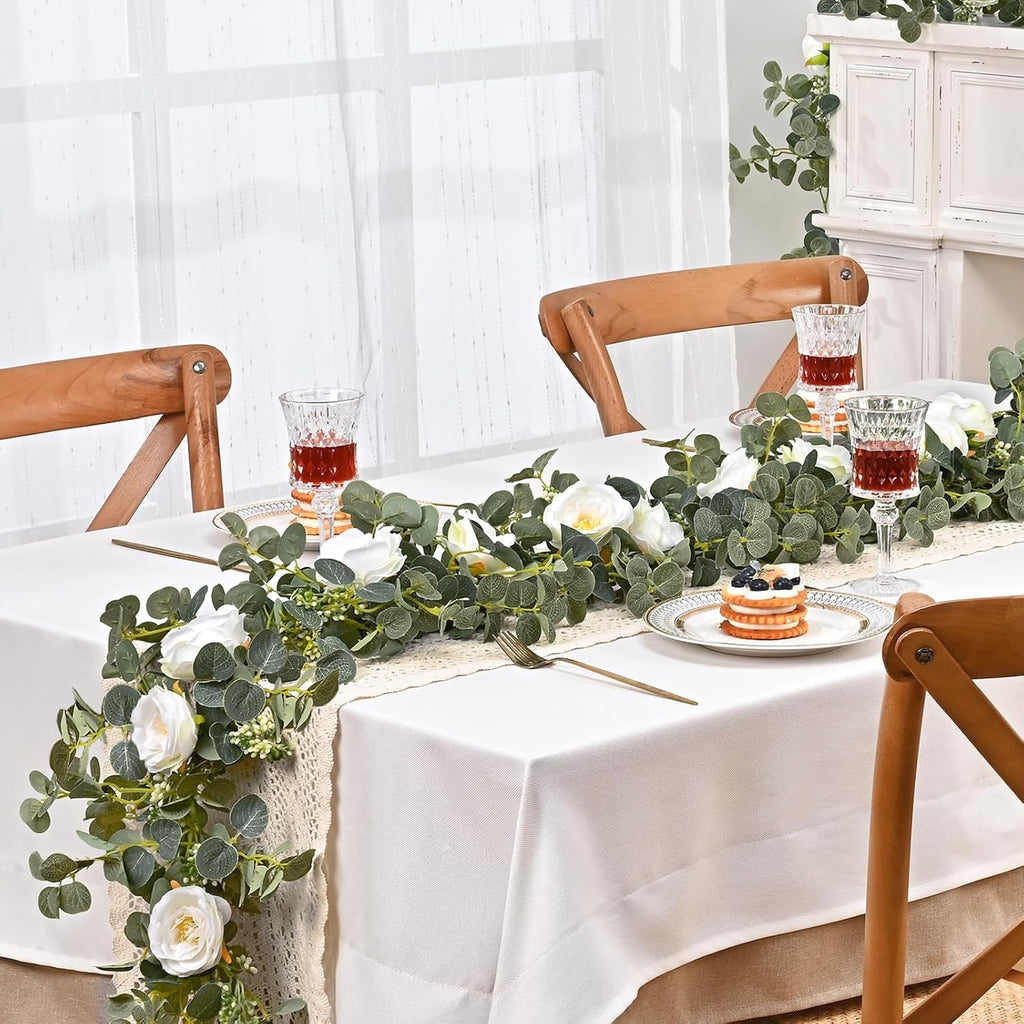 Dolicer 2 Packs 6.56Ft Eucalyptus Garland with Flowers - 8 White Roses, Artificial Flower Fake Rose Vine Faux Greenery for Wedding Backdrop Arch Table Wall Party Home Decor, Grey Green