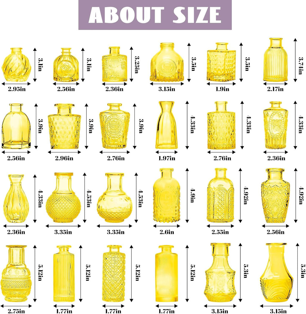 Light Yellow Glass Bud Vases Set, 24 Pcs Vintage Small Vases for Flowers, Crystal Mini Glasses in Bulk, Small Flower Design for Centerpieces Wedding Decorations Home Flower Party Decor