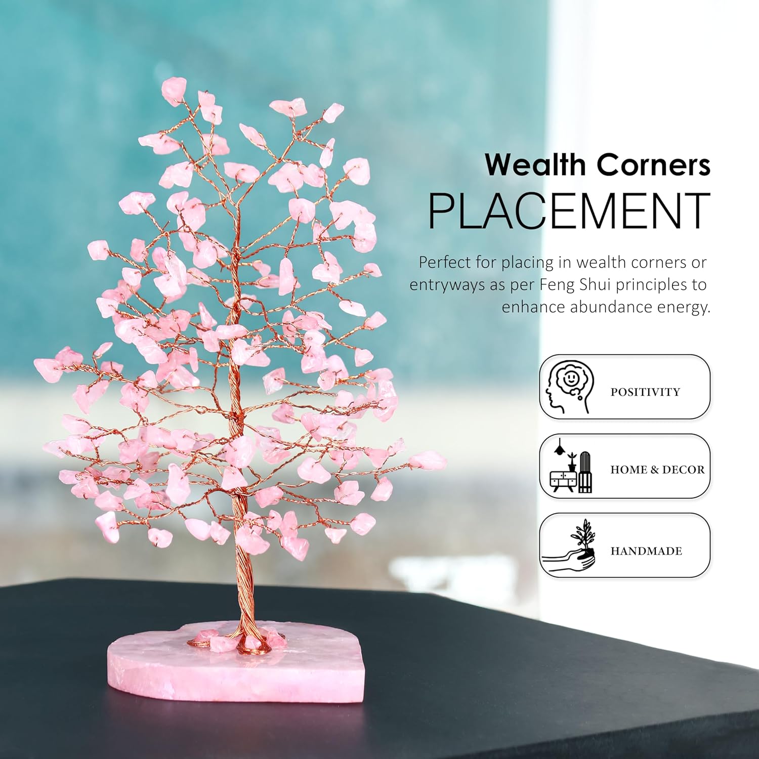 Crocon Crystals Tree Rose Quartz Healing Stones Reiki Crystals Heart Base Spiritual Meditation Energy Home Room Office Desk Decor Pink Gifts for Women Men & Mom Birthday Present