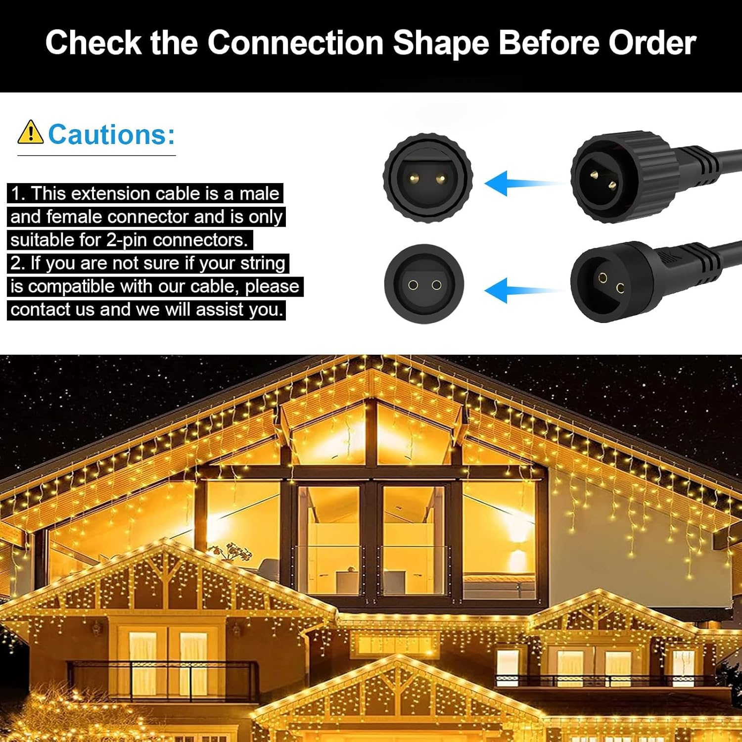 2Pin Extension Cable 10FT, IP68 Waterproof Extension Lead 16AWG Extension Cord for Outdoor Solar String Lights, Indoor String Lights - 2Pack