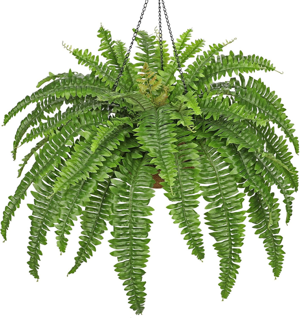 Fake Hanging Plants Large Boston Fern Artificial Plants Outdoor Realistic Fake Ferns with Palm Basket Silk Plants Ferns Hanging Plant Artificial Decor for Home Front Porch Window Garden - Green