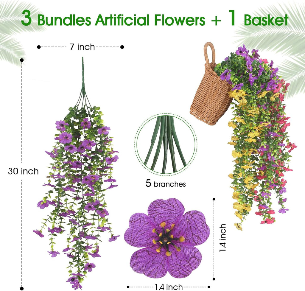 3 PCS Artificial Fake Hanging Flowers Plants with Basket for Spring Outdoor Outside Decoration, UV Resistant Faux Plastic Fabric Flower for Garden Porch Patio Balcony Yard Decor（Mix）