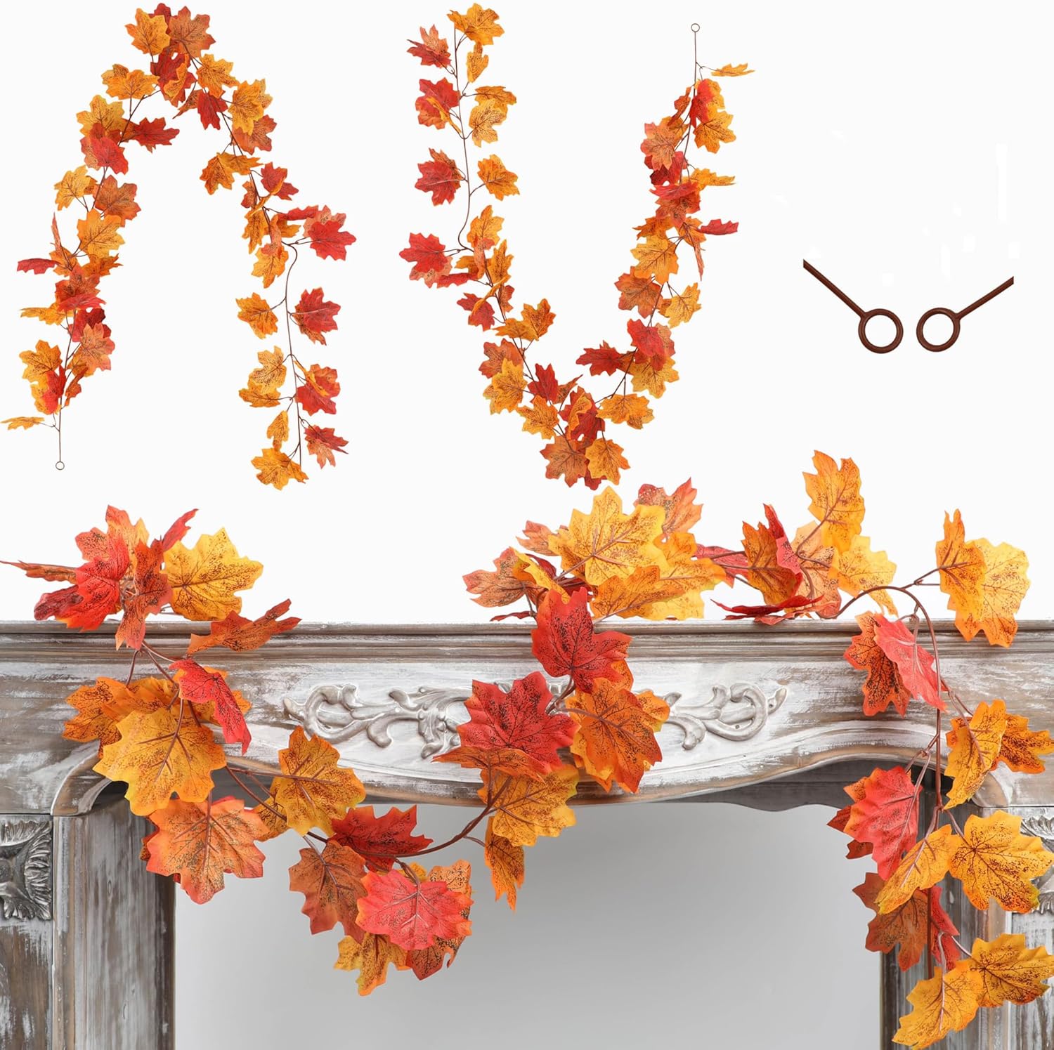 Fall Leaves Garland Maple Leaf, 2 Pack Fake Hanging Vines for Bedroom Wedding Thanksgiving Christmas Decorations, Fireplace Wall Outdoor Front Porch Autumn Decor-Orange