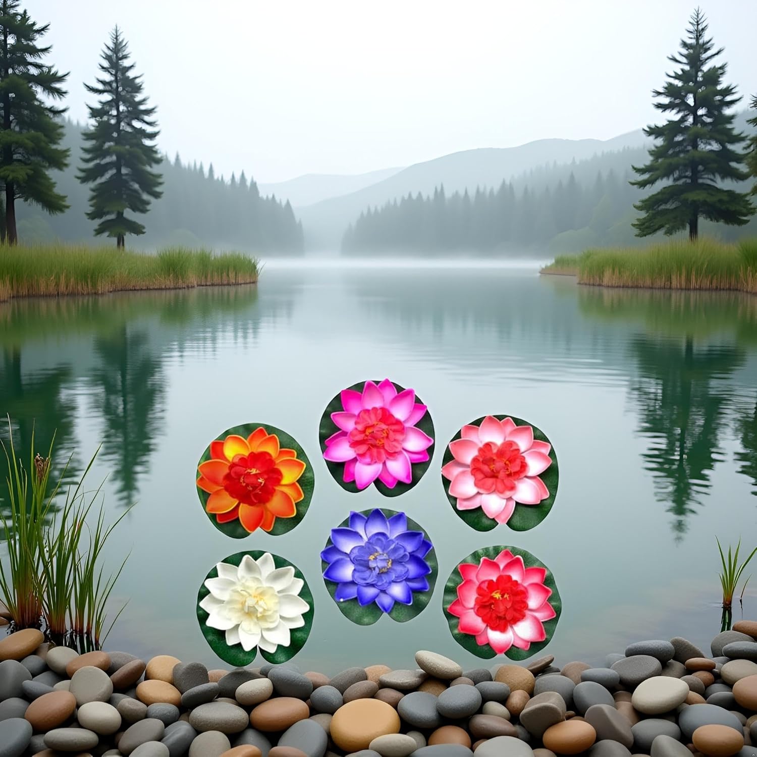 6 Pcs Large Floating Lotus Flowers Faux with Artificial Lily Pads, Artificial Floating Foam Lotus Flower with Water Lily Pad,Floating Artificial Lotus Flowers Decor Pond Home Decoration