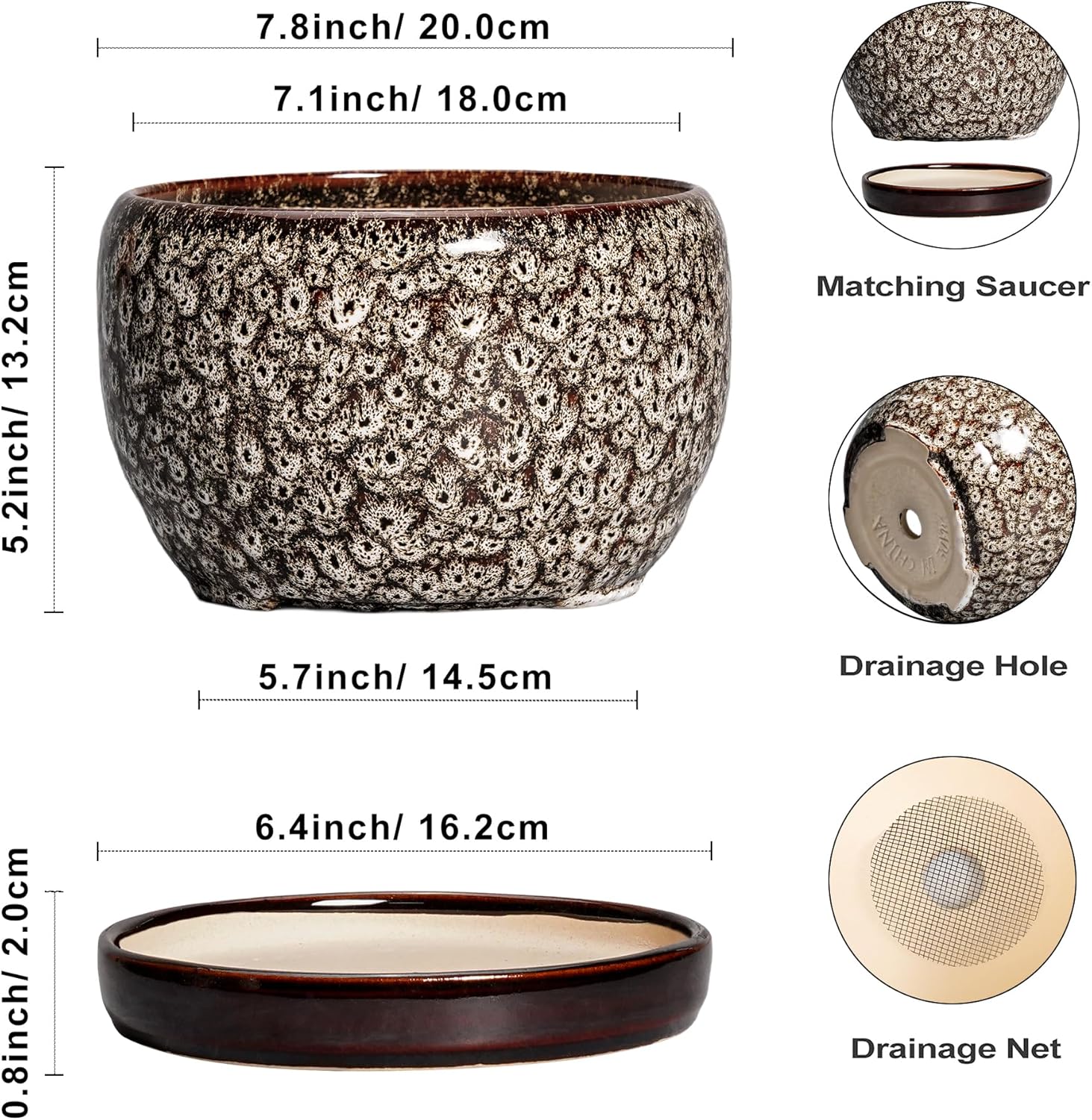 SQOWL Ceramic Planter - 8 inch Plant Pot Indoor with Drainage Hole and Plant Saucer, Round Ceramic Flower Pots Outdoor, Decorative Modern Planter, Office Kitchen Decor, Gifts for Women Men, White
