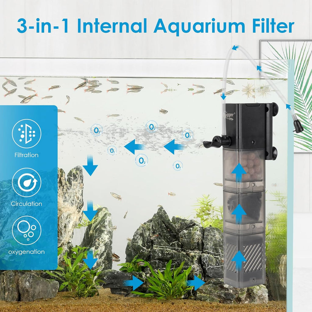 hygger Aquarium Filter DC 5V Multiple Function Power Quiet Fish Tank Filter with Rainfall Aeration 3-Stages Filtration Adjustable Submersible Internal Fish Filter for 13-35 Gallon
