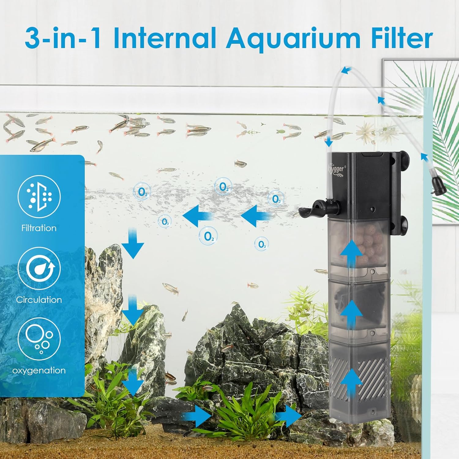 hygger Aquarium Filter DC 5V Multiple Function Power Quiet Fish Tank Filter with Rainfall Aeration 3-Stages Filtration Adjustable Submersible Internal Fish Filter for 35-45 Gallon