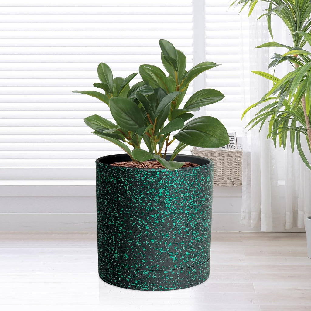6/5/4 inch Plant Pots, 3 Pack Cylinder Flower Pots for Small Indoor Outdoor Plants, Plastic Planters with Drainage Holes and Saucers for Garden Succulent Plants, Black with Green Speckles