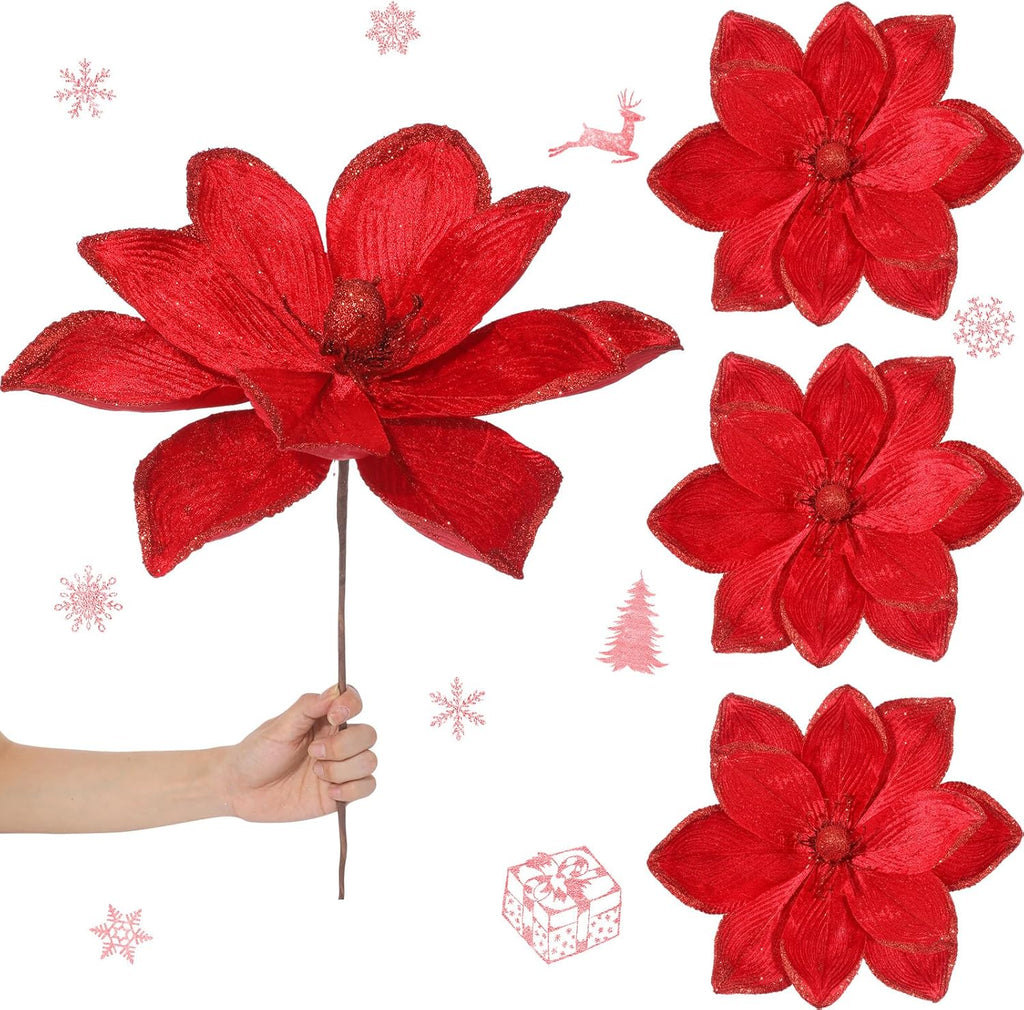 8 Pcs Large Christmas Flower Magnolia Flowers Christmas Tree Decoration Artificial Poinsettia Stems Velvet Xmas Ornaments for Xmas Tree Table Decor (Burgundy,16 Inch)