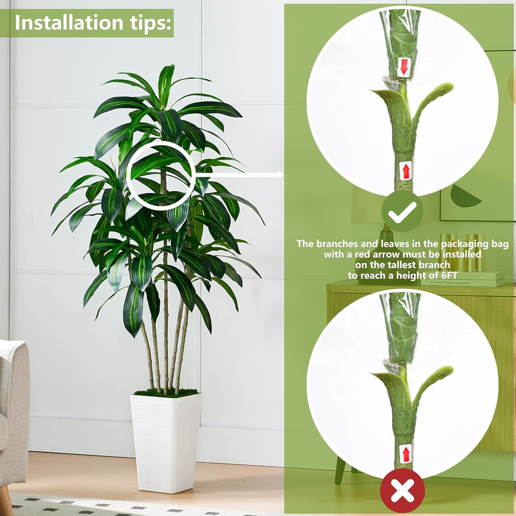 Artificial Dracaena Tree-6FT Tall Fake Plants with White Tall Planter-Artificial Plants Indoor Floor Plant in Pot-Large Tropical Fake Yucca Potted Tree for Home Office Living Room Decor