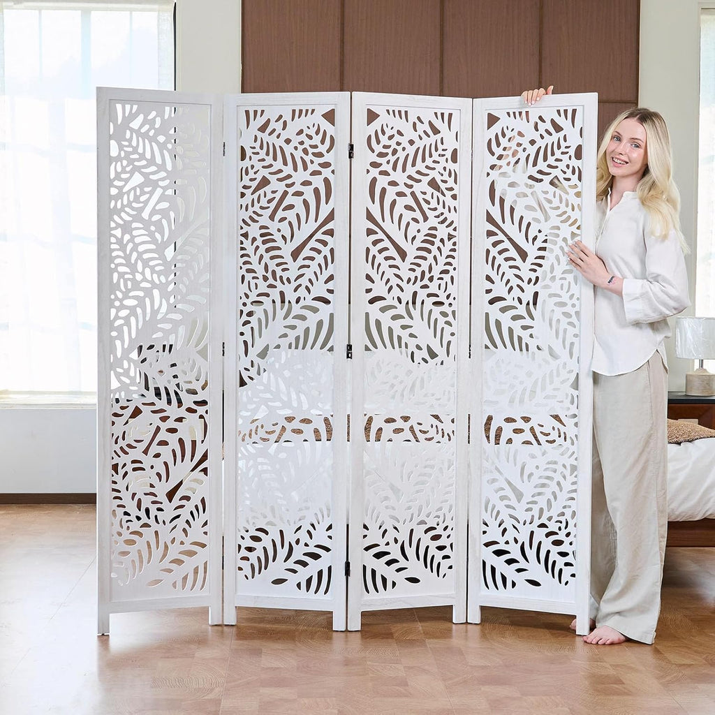 Leaf-Carved Room Divider Privacy Screen - 67 Inch Tall Foading Decorative Wood Screen Dividers Panel for Home - Natural Wood Room Partitions for Enhanced Privacy and Style White 4 Panel