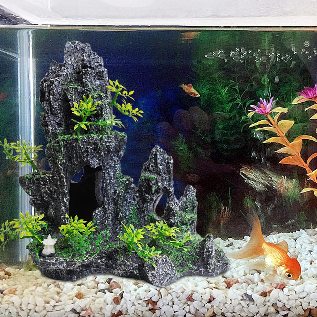 kathson Aquarium Mountain View Stone Resin Fish Tank Decoration Betta Hideout Caves Rockery Landscape Tree Aquarium Decorations Large Rock Hiding Cave Decor for Small Fish Shrimp Play Ornament