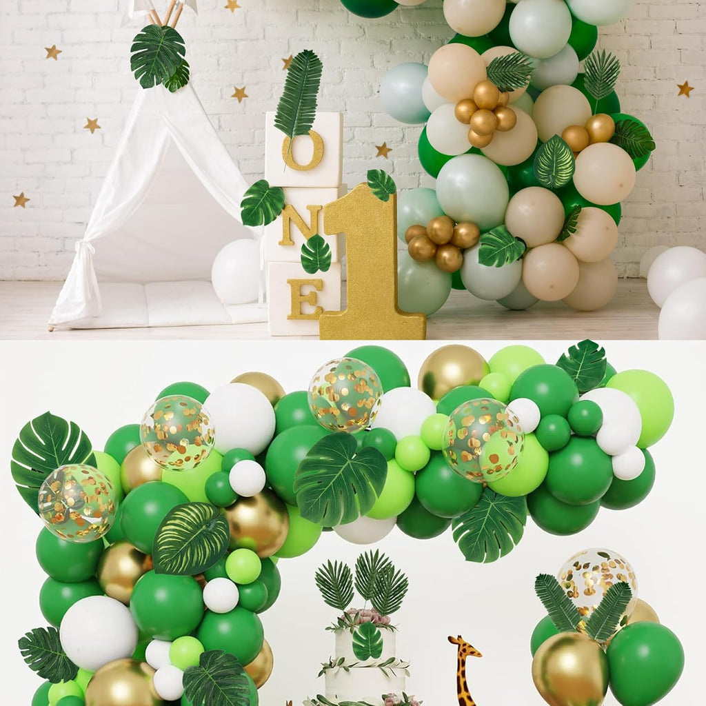Sggvecsy 56 Pieces 7 Kinds Artificial Tropical Palm Leaves Tropical Leaves Monstera Leaves Safari Jungle Leaf with Stems for Hawaiian Luau Party Beach Table Wedding Shower Birthday Theme Decorations