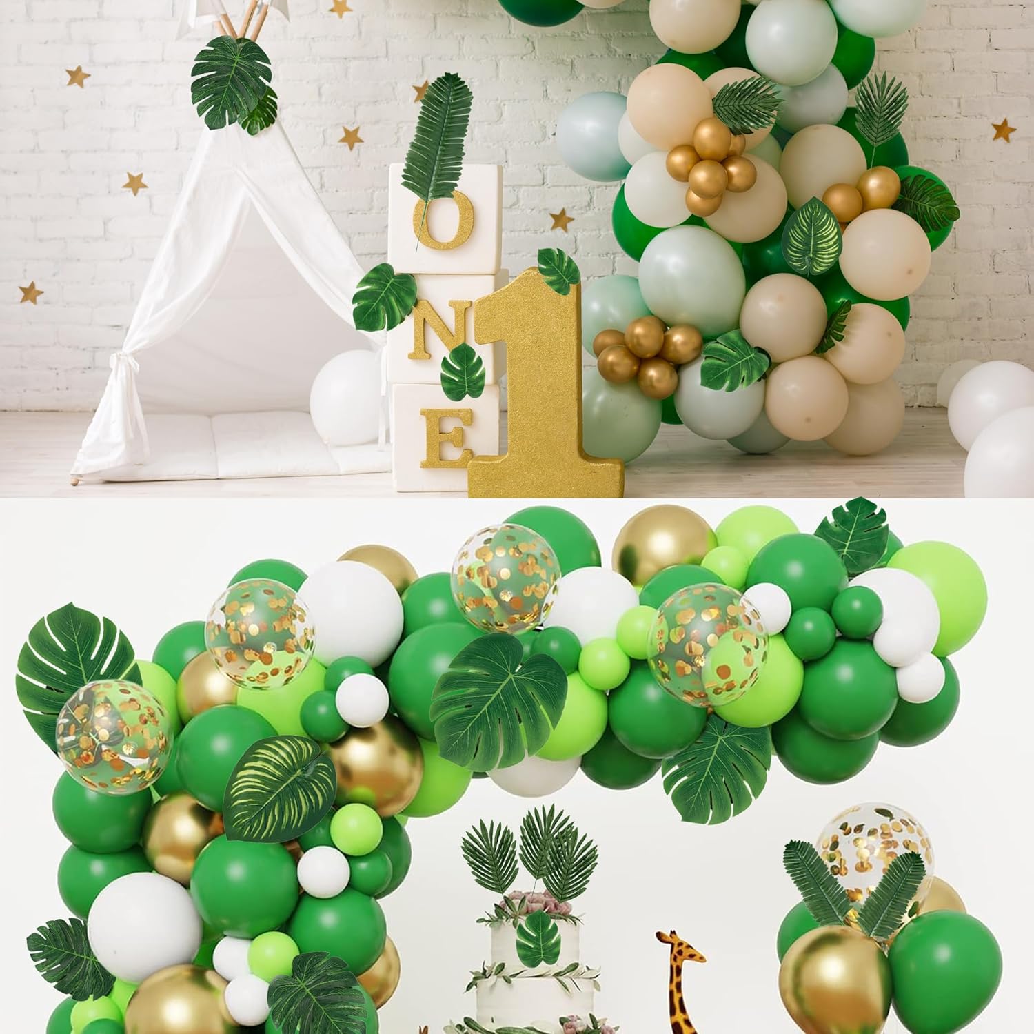 Sggvecsy 48 Pieces 6 Kinds Artificial Tropical Palm Leaves Tropical Leaves Monstera Leaves Safari Jungle Leaf with Stems for Hawaiian Luau Party Beach Table Wedding Shower Birthday Theme Decorations