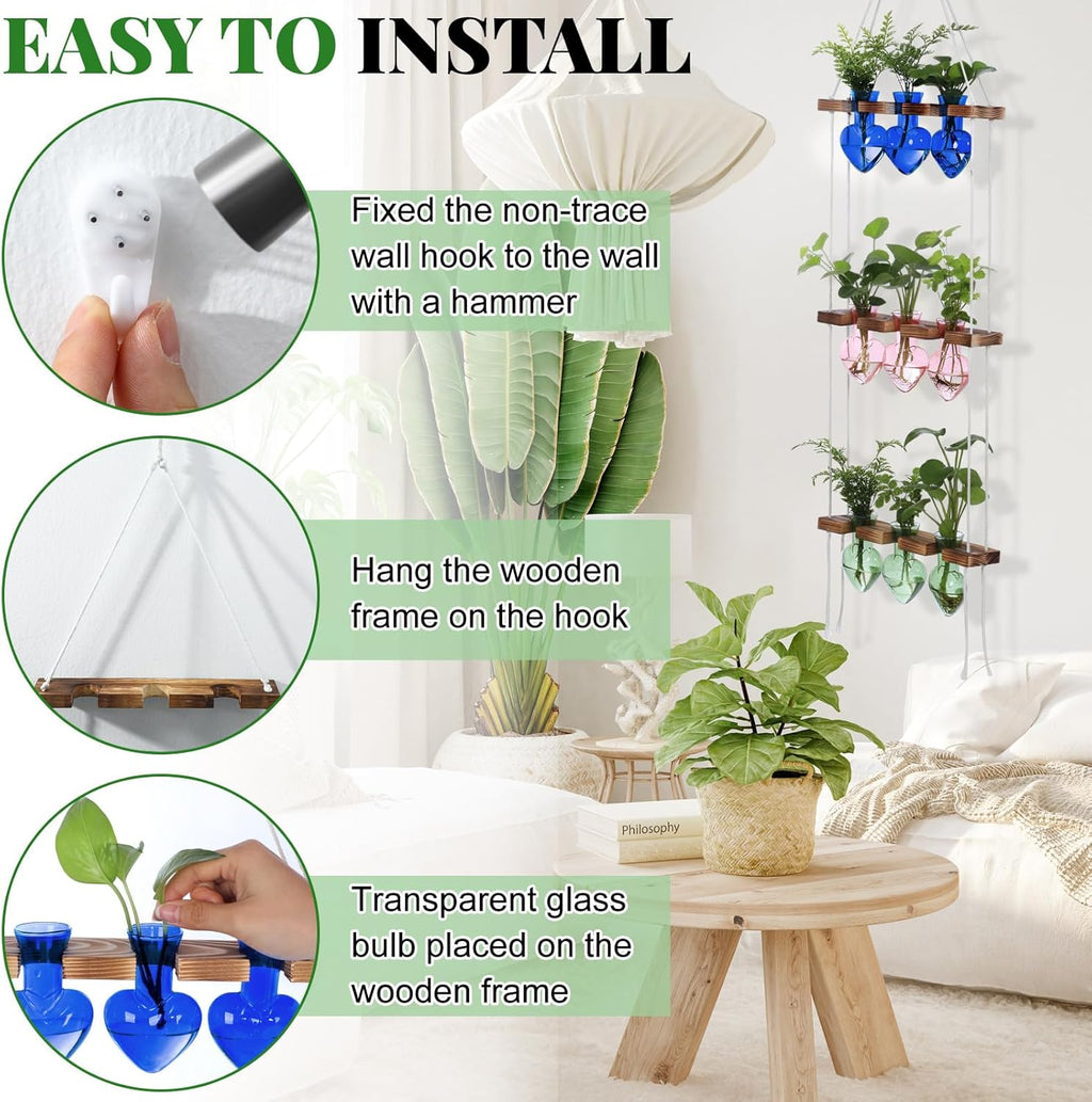 Leinuosen Plant Hanging Propagation Station Wall Hanging Planters Terrarium with 3 Tiered Wooden Stands for Home Garden Decor Hydroponics Plant Lovers Gifts- 9 Glass Vases(Heart Shaped,Multicolor)