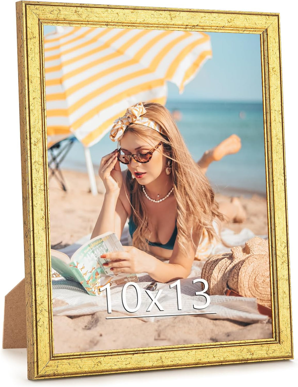 Wood 10x13 Frame Gold, Ornate Natural Wooden 13x10in Picture Frames, Modern Golden 10 x 13inch Gallery Photo Pic Frame with HD Plexiglass, Horizontal Vertical Wall Mounting Tabletop Display 1Pcs