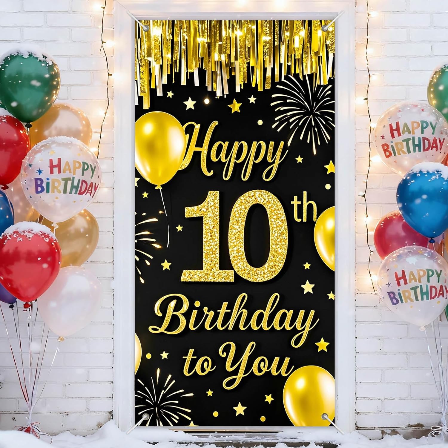 IVN 10th Birthday Door Cover 71x35 Inch Black Gold Birthday Banner for Party Decorations Balloons Stars Fireworks Backdrop Sign for Men Women Photo Booth Prop Wall Decor