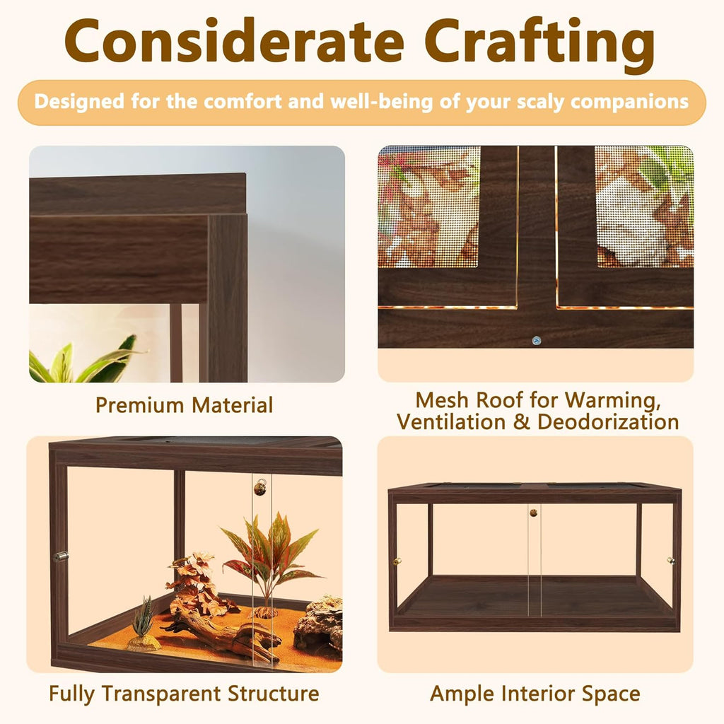 PROLEE Bearded Dragon Tank,60 Gallon Reptile Tank with Meatl Mesh Roof and Front Sliding Door, Anti-Scratch Lizard Tank,Spacious Reptile Enclosure for Snakes,Lguanas, Chameleons(Walnut)