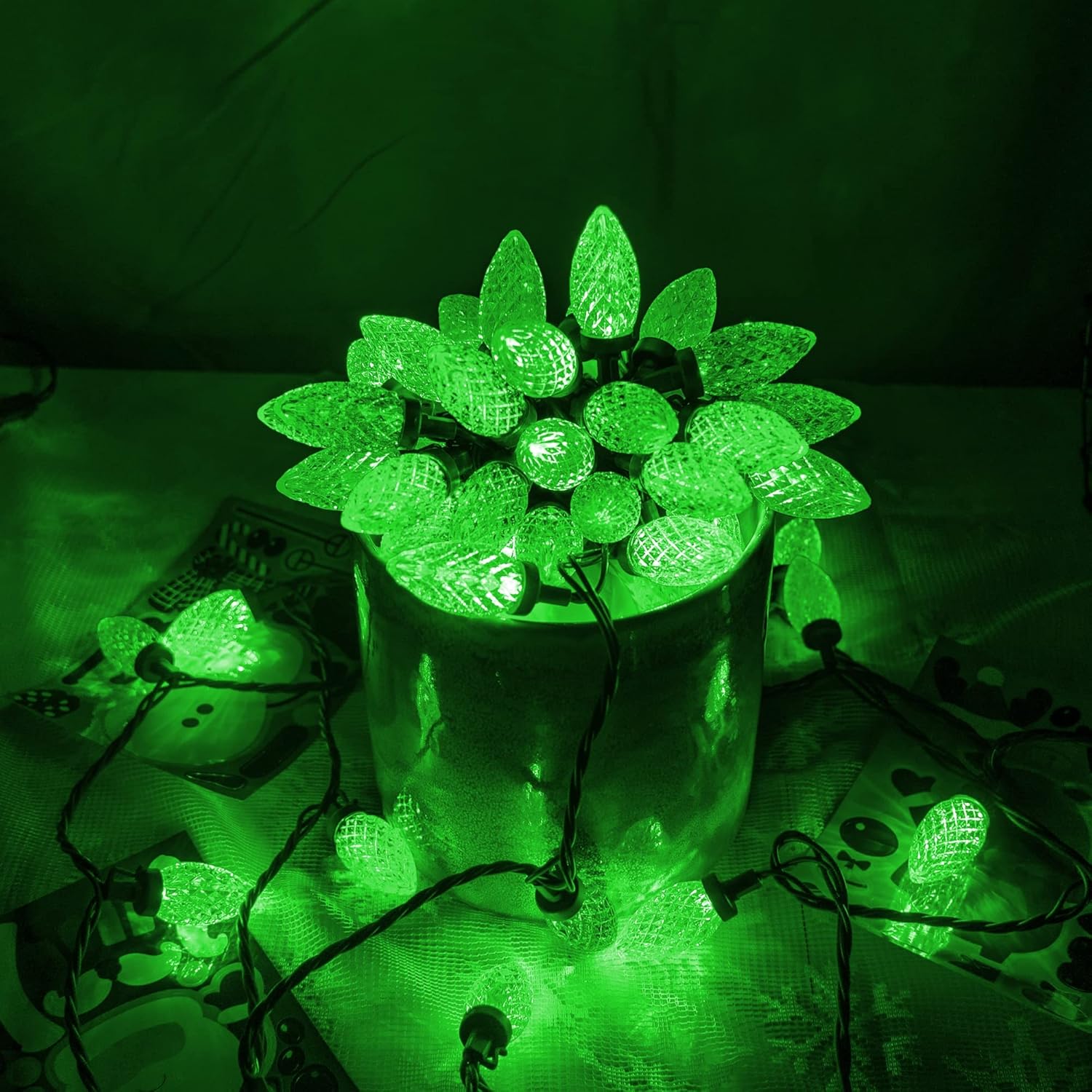 Dazzle Bright C9 Christmas String Lights, Waterproof Connectable Green Wire Fairy Lights, Christmas Lights for Indoor Outdoor Home Yard Xmas Tree House Decorations (Green, 100 LED)