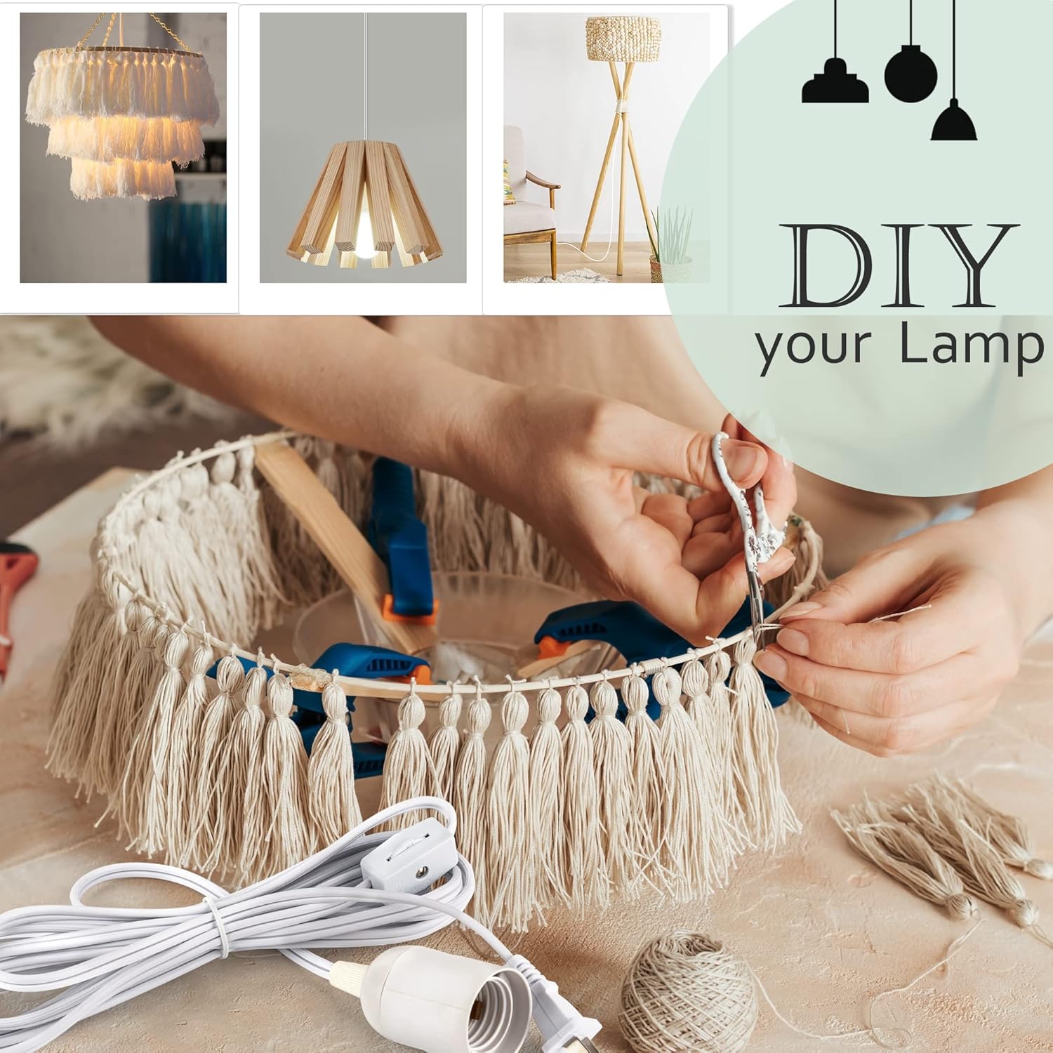 JACKYLED Extension Hanging Lantern Cord Cable UL 1-Pack 12Ft 360W with E26 E27 Socket Gear Switch + Hooks + 2-Prong US AC Power Plugs Pendant Lighting Bulb Lamp for Kitchen Bedroom Bathroom