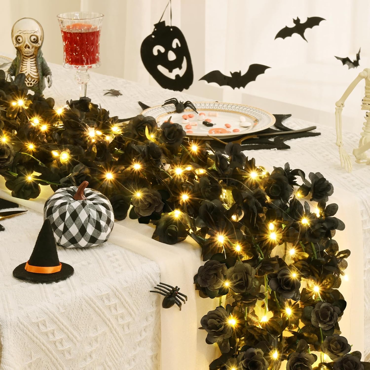 BLEUM CADE 5Pcs 41Ft Flower Garland Artificial Rose Vines with 32.8Ft String Lights, Cute Fake Hanging Flower Vines Floral Garland Decorations for Halloween Wedding Party Room Decor Aesthetic