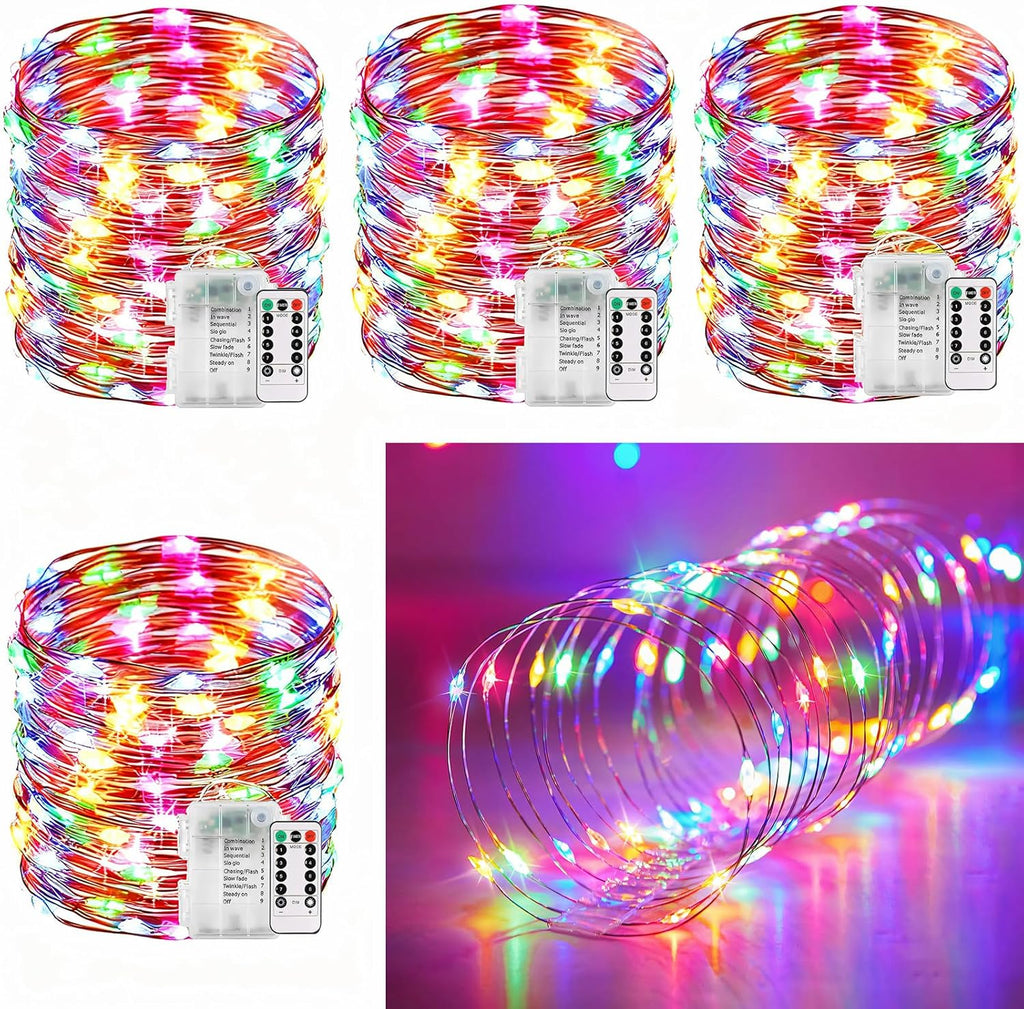 33Ft String Lights Battery Operated with Remote Control Timer, 100LED 4 Pack Waterproof 8 Modes Copper Wire Twinkle Fairy Lights for Bedroom Indoor Outdoor Wedding Dorm Christmas Decorations