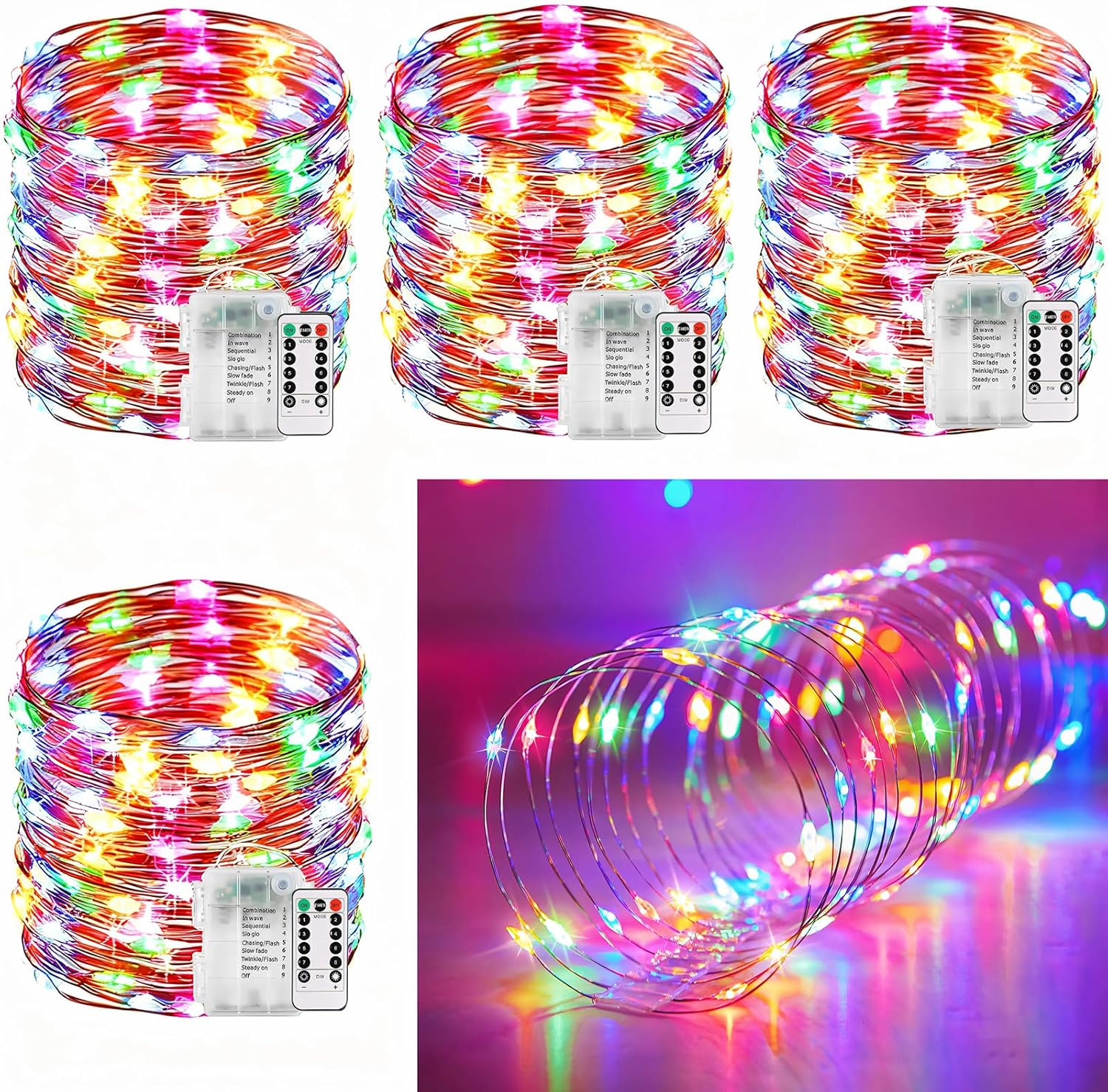 33Ft String Lights Battery Operated with Remote Control Timer, 100LED 4 Pack Waterproof 8 Modes Copper Wire Twinkle Fairy Lights for Bedroom Indoor Outdoor Wedding Dorm Christmas Decorations