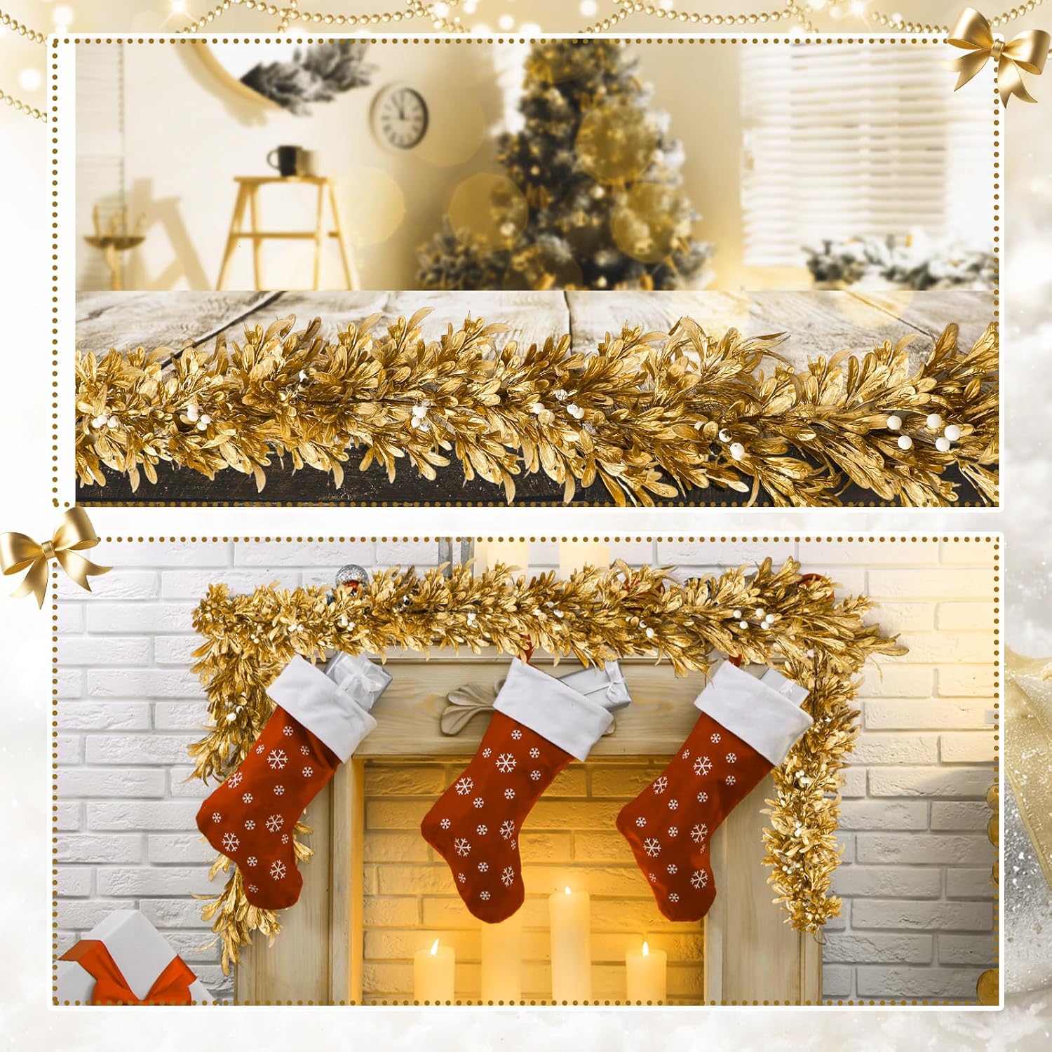 Dingion 9ft Christmas Gold Boxwood Leaf Garland Artificial Leaf Garland with Pearl White Berry for Christmas Fireplace Front Door Stairs Decoration Winter Engagement Birthday Wedding Party Supplies