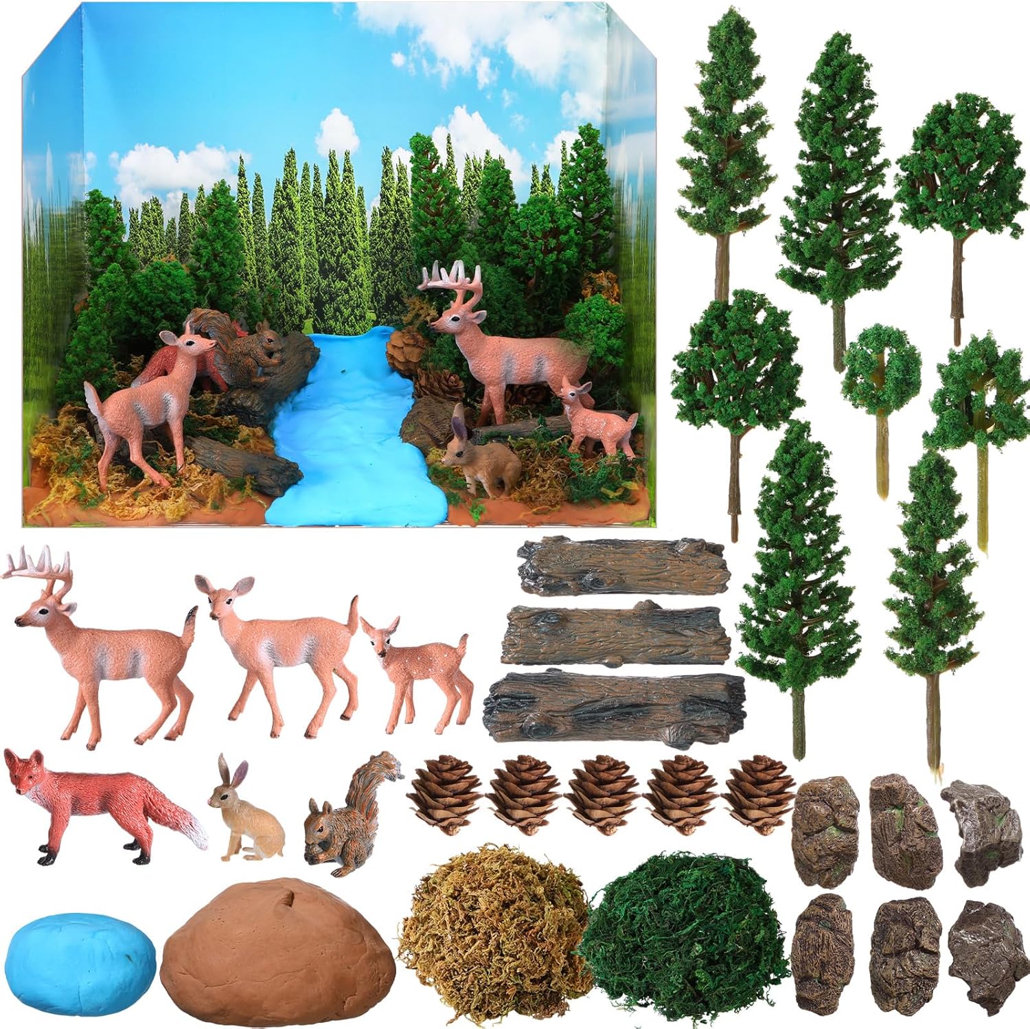 Forest Diorama Kit Project Supplies Include Woodland Animals Figures Deer Figures Artificial Model Tree Fake Rocks Moss with Gift Box for Gifts Birthday Christmas Party Favors