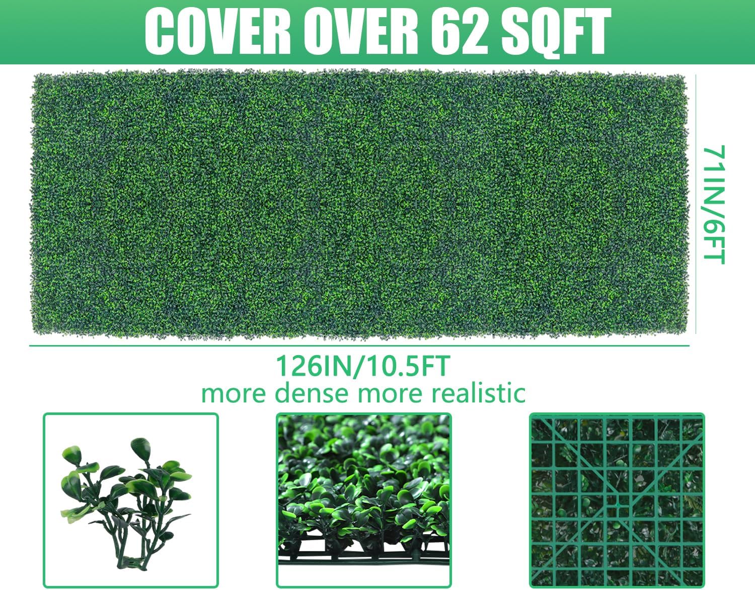 Artificial Boxwood Roll Panels,71"x 126"(62 sq.ft) UV-Anti Faux Ivy Leaves Privacy Fence Screen Grass Wall Roll Panels for Indoor Home Decor and Outdoor Garden Backyard