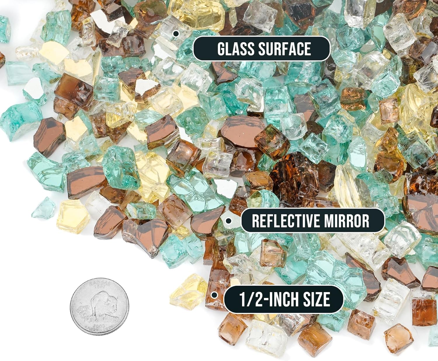 Skyflame 10-Pound Blended Fire Glass for Decorating Fire Pit Fireplace Landscaping - 1/2 Inch Reflective Tempered Fireglass Gold, Light Green, Copper